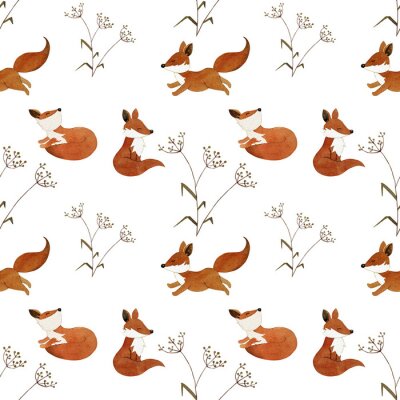 Papier peint à motif  Petits renards et fleurs des champs peints à l'aquarelle