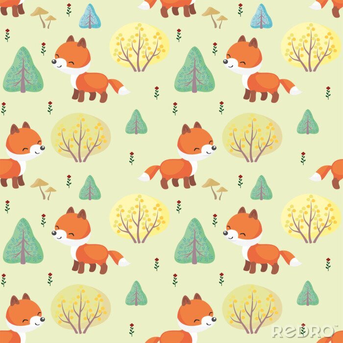 Papier peint à motif  Petits renards parmi les arbres verts