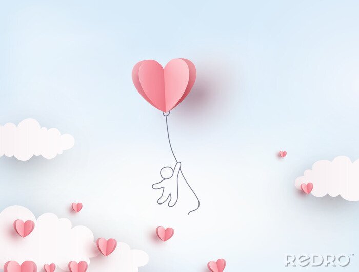 Papier peint à motif  Pink heart flying balloon with man on blue sky background. Vector love postcard for Happy Mother's, Valentine's Day or birthday greeting card design..