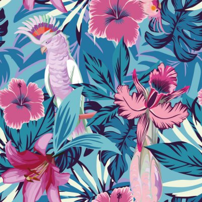 Papier peint à motif  Pink Parrot fleurs et plantes fond bleu