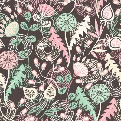 Papier peint à motif  Pissenlits feuiiles et points