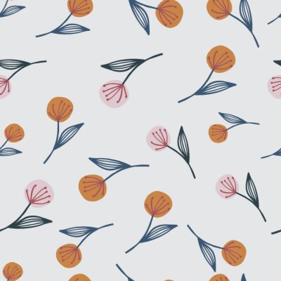 Papier peint à motif  Pissenlits fond gris jaune et rose