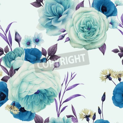 Papier peint à motif  Pivoines bleues et feuilles