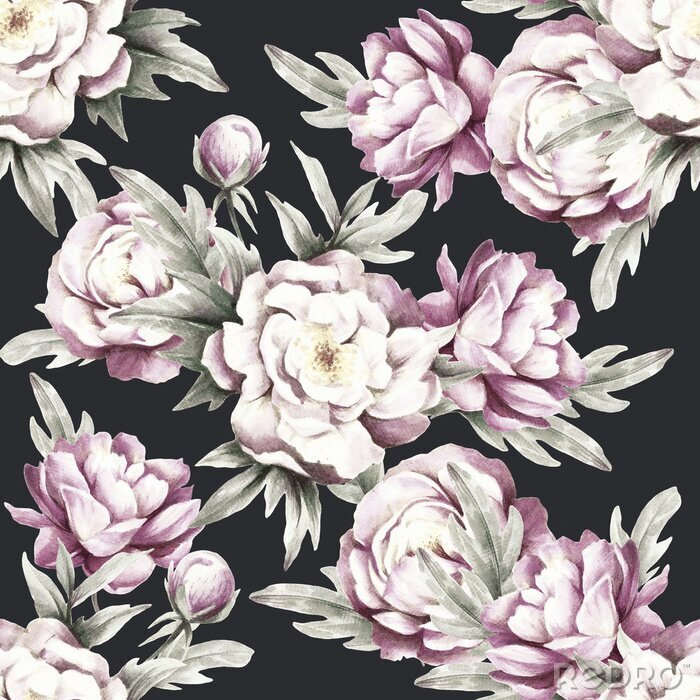 Papier peint à motif  Pivoines et feuilles sur un fond foncé