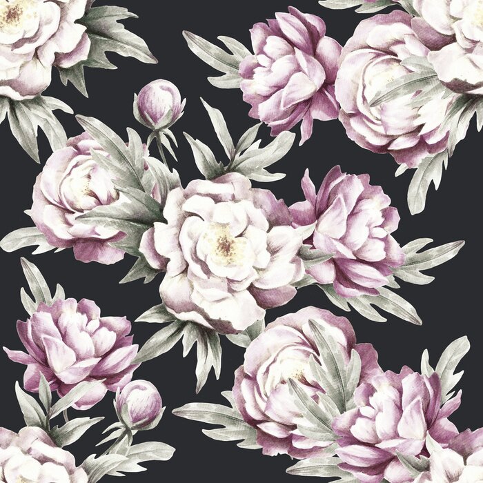 Papier peint à motif  Pivoines et feuilles sur un fond foncé