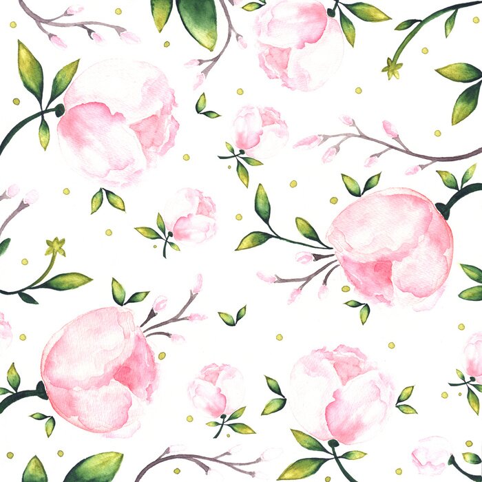 Papier peint à motif  Pivoines et petites feuilles