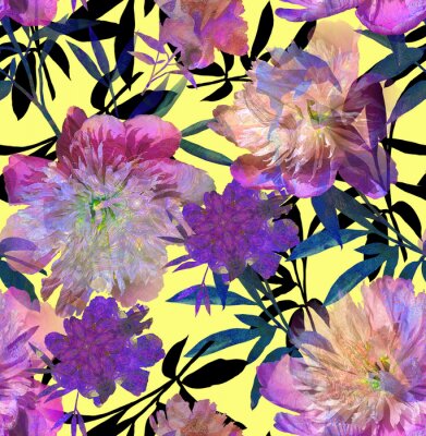 Papier peint à motif  Pivoines filet intenses en contraste jaune