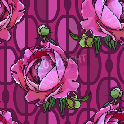 Papier peint à motif  Pivoines graphiques sur fond rose