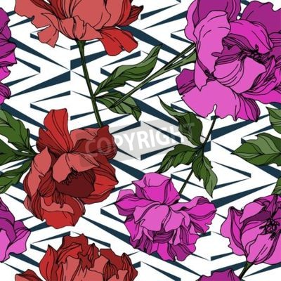 Papier peint à motif  Pivoines graphiques sur un fond à motifs