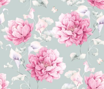 Papier peint à motif  Pivoines rose poudr? sur fond bleu