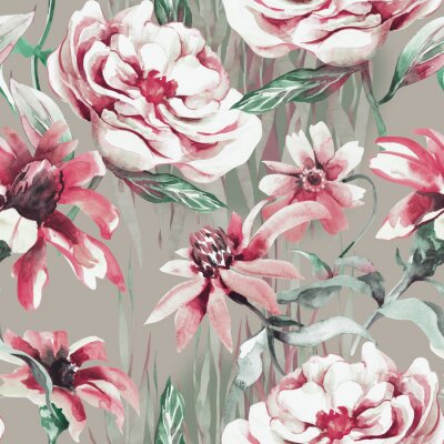 Papier peint à motif  Pivoines roses et ?chinac?es fond gris