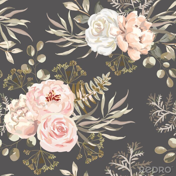 Papier peint à motif  Pivoines roses et herbes fond gris