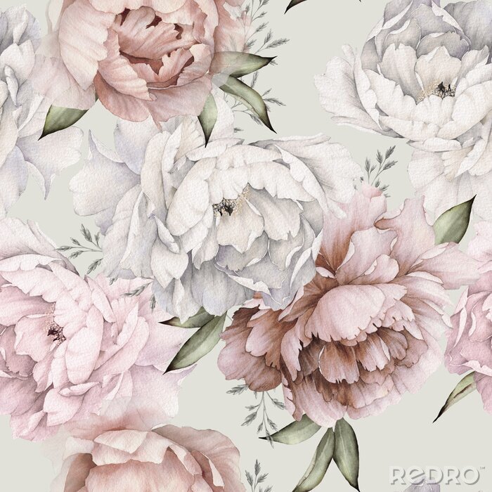 Papier peint à motif  Pivoines roses et pastel élégant blanc