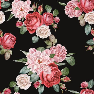 Papier peint à motif  Pivoines roses et roses fond noir