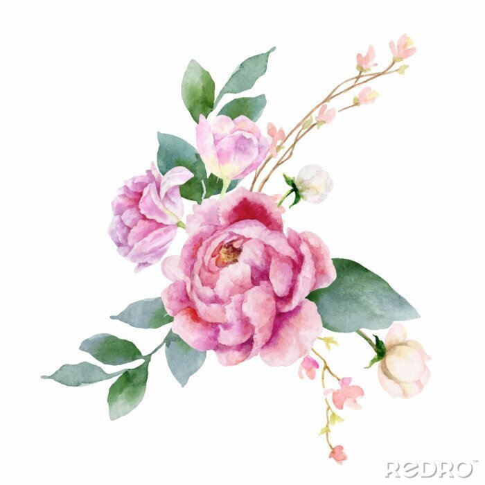 Papier peint à motif  Pivoines roses sur feuilles vertes