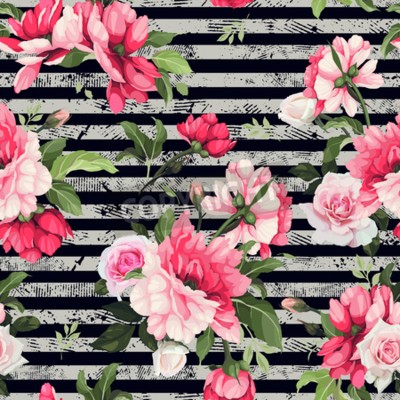 Papier peint à motif  Pivoines sur un fond à rayures
