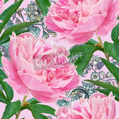 Papier peint à motif  Pivoines sur un motif ornemental