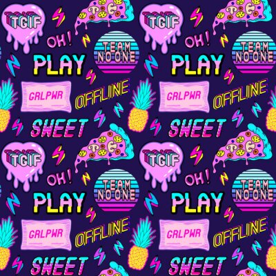 Papier peint à motif  Pizza à l'ananas et sous-titres de style jeu vidéo