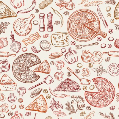 Papier peint à motif  Pizza et ingrédients dans les tons de rouge
