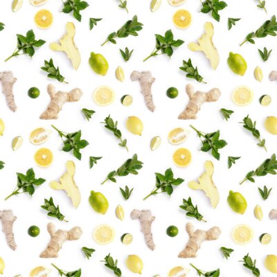Papier peint à motif  Plantes bénéfiques pour la santé citron, gingembre, menthe, citron vert