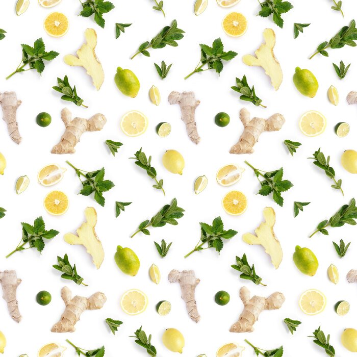 Papier peint à motif  Plantes bénéfiques pour la santé citron, gingembre, menthe, citron vert