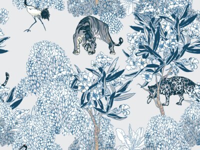 Papier peint à motif  Plantes et animaux bleus de style oriental