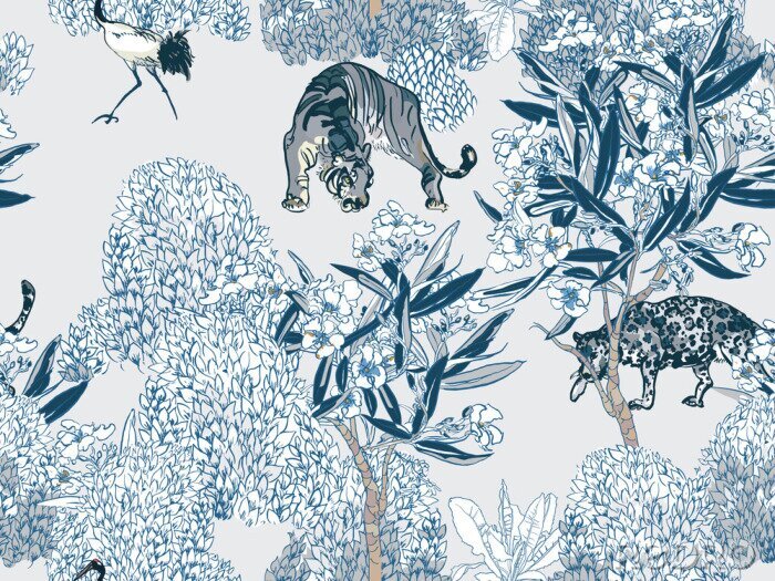Papier peint à motif  Plantes et animaux bleus de style oriental