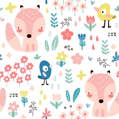 Papier peint à motif  Plantes et animaux scandinaves sur fond blanc