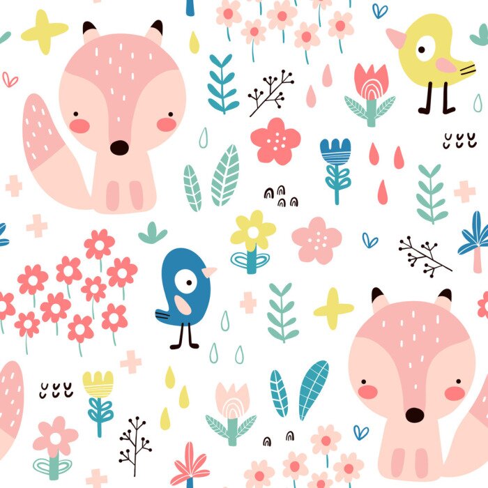 Papier peint à motif  Plantes et animaux scandinaves sur fond blanc