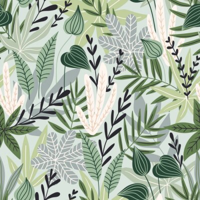 Papier peint à motif  Plantes exotiques sur fond vert clair