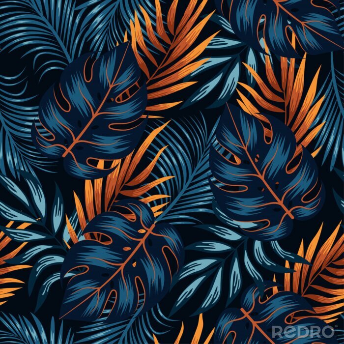 Papier peint à motif  Plantes tropicales bleu marine et orange
