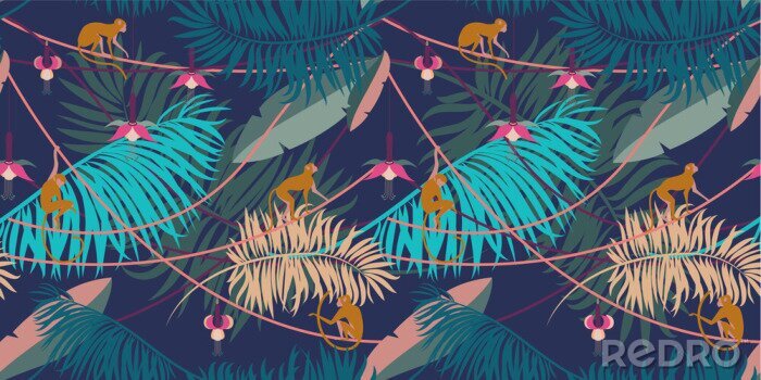 Papier peint à motif  Plantes tropicales et petits singes