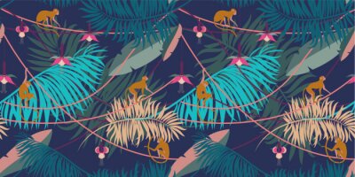 Papier peint à motif  Plantes tropicales et petits singes