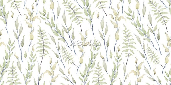 Papier peint à motif  Plantes vertes peintes à l'aquarelle