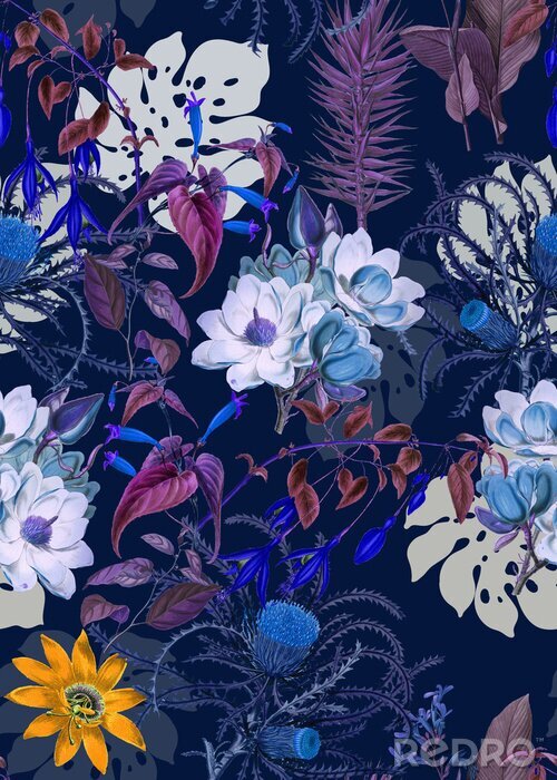 Papier peint à motif  Plantes vintage en teintes sombres