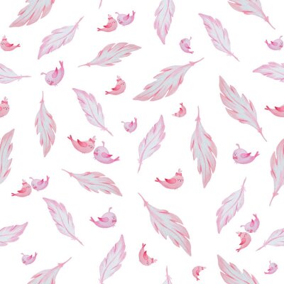 Papier peint à motif  Plumes et oiseaux roses aquarelles