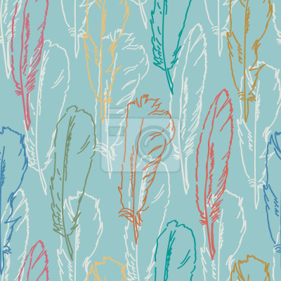 Papier peint à motif  Plumes Handdrawn Azur