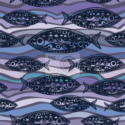 Papier peint à motif  Poisson noir sur fond violet