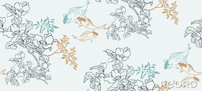 Papier peint à motif  Poissons et fleurs orientaux japonais