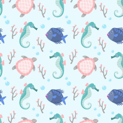 Papier peint à motif  Poissons hippocampes et tortues