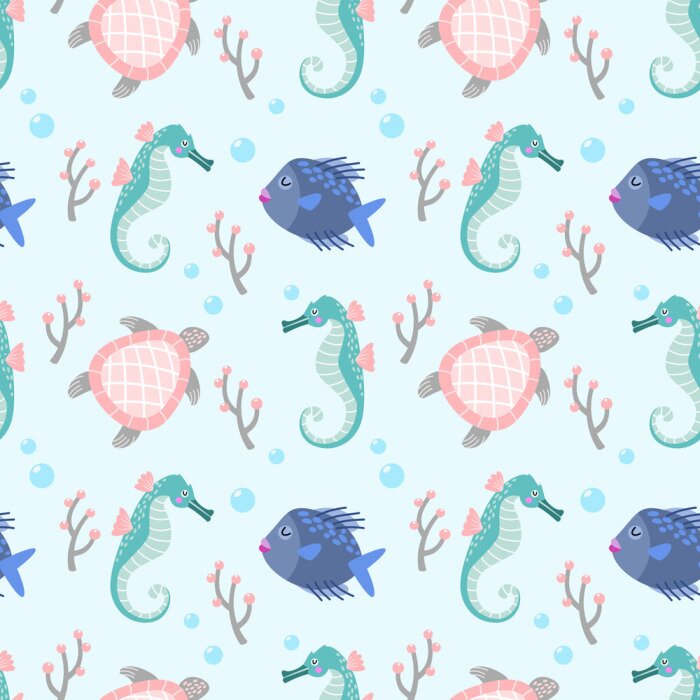 Papier peint à motif  Poissons hippocampes et tortues