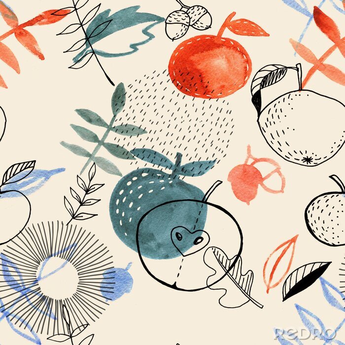 Papier peint à motif  Pommes et feuilles aux couleurs de l'automne