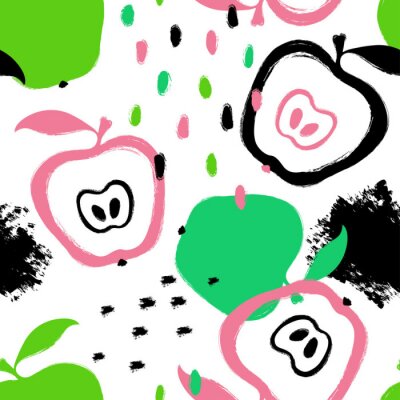 Papier peint à motif  Pommes roses et vertes sur fond blanc