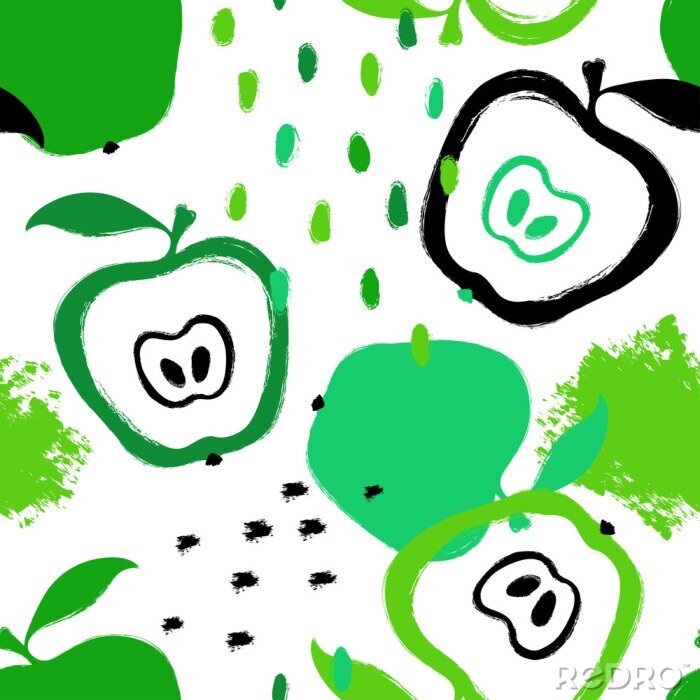 Papier peint à motif  Pommes vertes à pois noirs