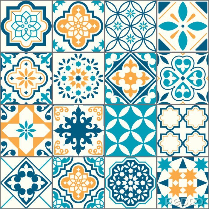 Papier peint à motif  Portuguese or Spanish Azujelo vector seamless tiles design - Lisbon retro truquoise and yellow pattern, tile big collection 	