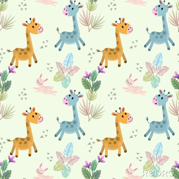Papier peint à motif  Pour les enfants, adorables girafes et lapins
