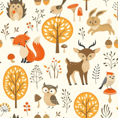 Papier peint à motif  Pour les enfants, animaux sauvages dans la forêt d'automne
