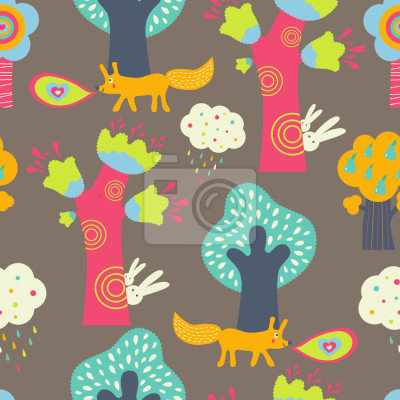 Papier peint à motif  Pour les enfants, des animaux dans une forêt de conte de fées