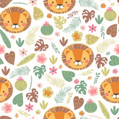 Papier peint à motif  Pour les enfants, des lions mignons parmi les plantes sur fond blanc