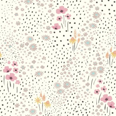 Papier peint à motif  Prairie avec des fleurs dans un style vintage